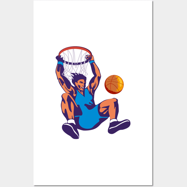 Basketball Player Dunking Hanging on Hoop Retro Wall Art by retrovectors